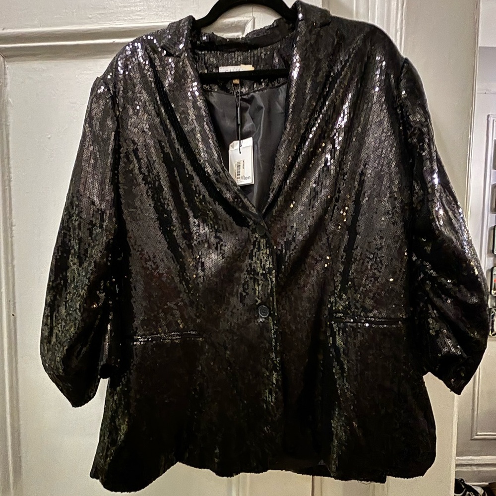 NWT Calvin Klein Black Sequined Jacket/ Gathered Slitted Sleeve/  size 1x